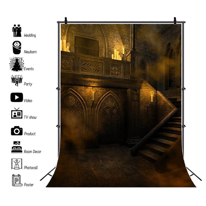 AOFOTO 6x8ft Gloomy Gothic Style Stairway Backdrop for Photography Halloween Carnival Scary Castle Night Vintage Room Stone Wall Scene Stairs Candle Background Boy Kids Portrait Photo Studio Props - Image 2
